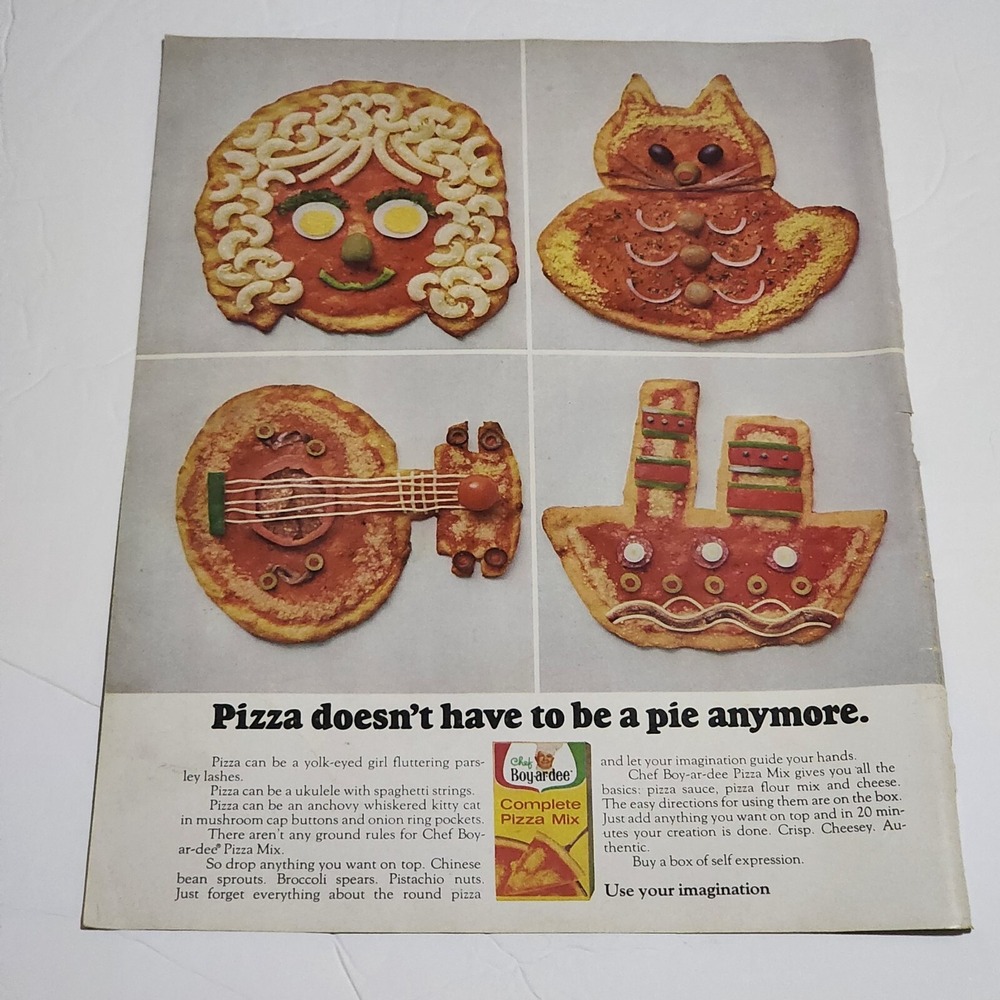 Vintage 1971 Chef Boyardee Pizza Mix Print Ad Cat Guitar Boat FLIP Magazine Art
